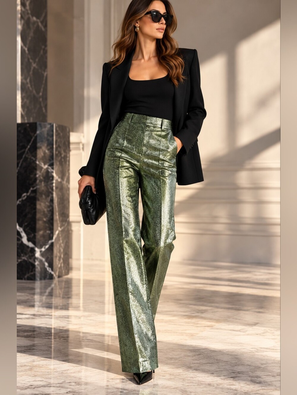 DSQUARED2 Green Metallic Silk Blend High Waist Straight Leg Pants US 6 NWT